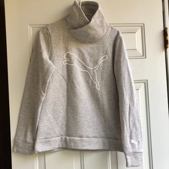 [Women S] PUMA Cowl Funnel Neck Pullover Sweatshirt Gray Outline Logo Activewear - Picture 2 of 6